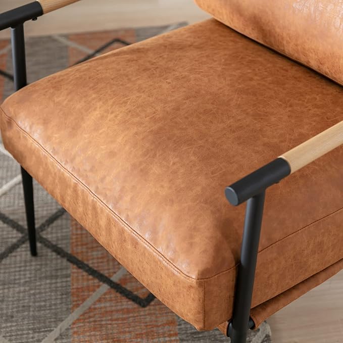 Mid-Century Accent Chair, Soft Armchair PU Leather Lounge Chair with Black Metal Legs, Upholstered Leisure Chair for Living Room Bedroom Reception Room, 1PC, Brown-Ruum Studio Home