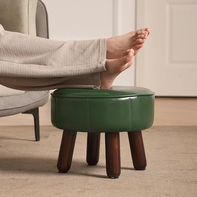 13in Small Foot Stool Ottoman, Round Faux Leather Foot Rest for Couch, Under Desk Pouf Footstool Footrest with Non-Skid Rubber Legs for Ling Room, Bedroom, 13''L x 13''W x 10.2''H, Green-Ruum Studio Home