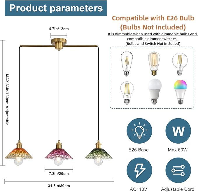 3-Light Pendant Lights Kitchen Island, Ceiling Hanging Lighting Fixtures, Colorful Vintage Glass Shade Pendants, Modern Gold Dining Room Chandeliers Height Adjustable for Farmhouse Living Room-Ruum Studio Home