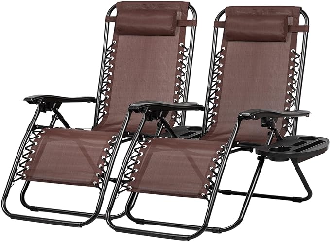 Nazhura Set of 2 Relaxing Recliners Patio Chairs Adjustable Steel Mesh Zero Gravity Lounge Chair Beach Chairs with Pillow and Cup Holder Khaki (Brown)-Ruum Studio Home