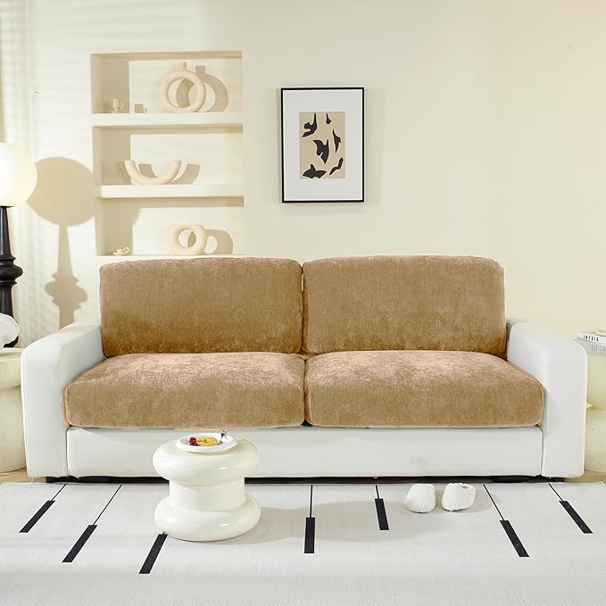 Large Backrest Cushion Covers Super Stretch Backrest Covers for 2 Cushion Couch Sofa, Couch Back Cushion Covers Featuring with Chenille Yarn (Softer Version, 2PC, Khaki)-Ruum Studio Home