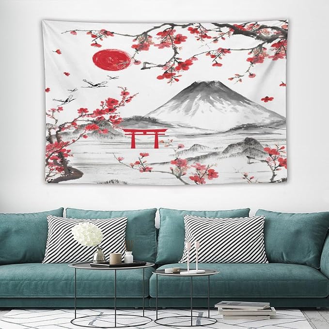 Red Cherry Blossoms Tapestry, Japanese Fuji Mountain Tapestry, Asian Japanese Wall Tapestry, Nature Landscape Tapestries for Bedroom Living Room Decor 90"x60"-Ruum Studio Home