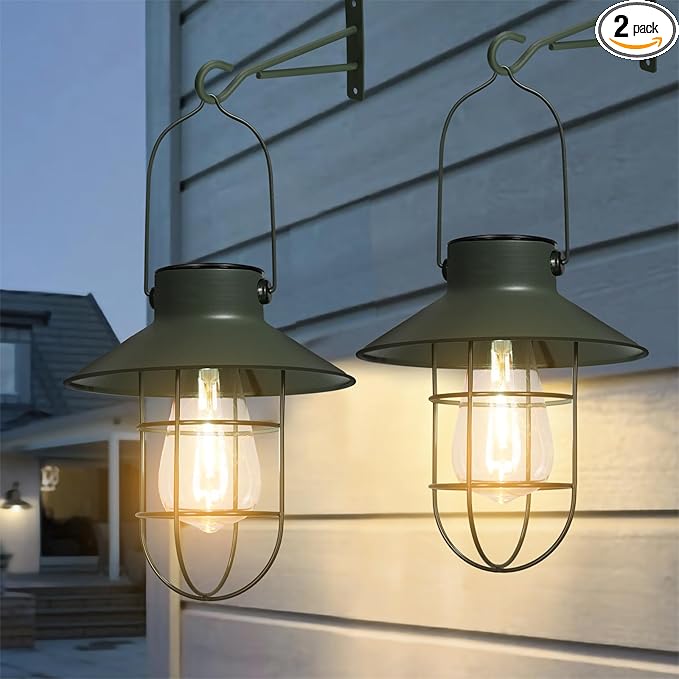 pearlstar Solar Lanterns Outdoor Metal Solar Powered Hanging Lights Waterproof for Wall Barn Yard Garden Patio Garage Balcony Porch Fence Decor, Warm White Edison Bulb (Green-2pack)-Ruum Studio Home