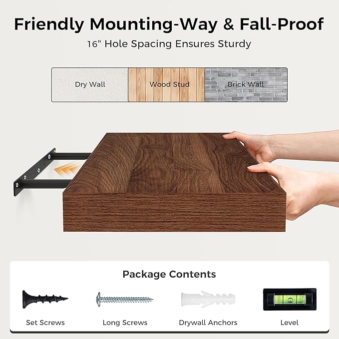 Floating Shelves 30 Inch Long, 12 Inch Deep Floating Shelf for Books, Rustic Wood 30 x 12 Storage Shelves for Wall Storage & Display, Thicked Wall Shelf for Kitchen, Living Room, Walnut Color, 1 Pack-Ruum Studio Home