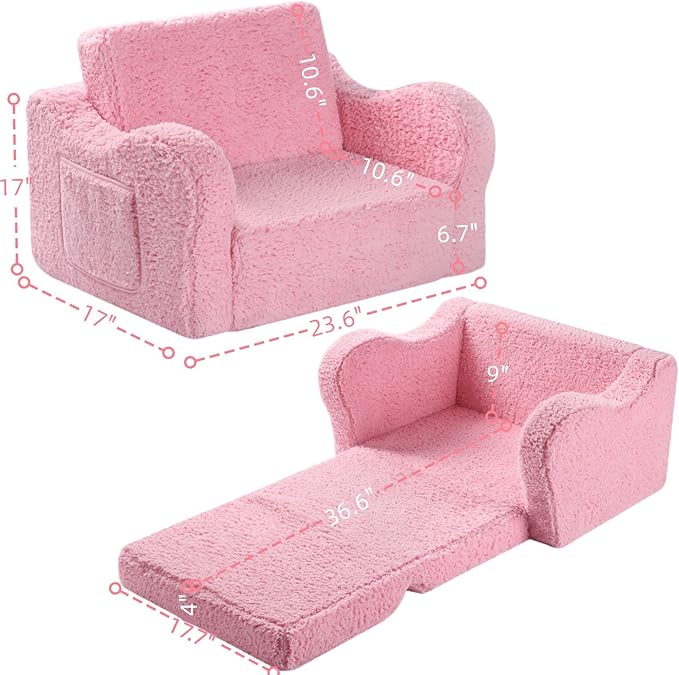 Kids Chairs for Toddler, 2-in-1 Toddler Soft Sherpa Couch Fold Out, Convertible Sofa to Lounger for Girls and Boys, Pink-Ruum Studio Home