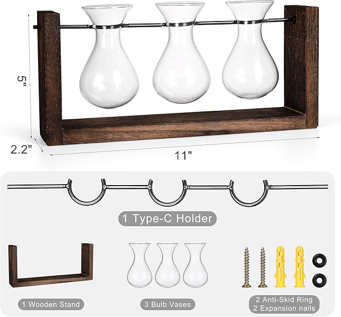 YIBOT Wall Hanging Planter Propagation Station, Plant Terrarium with Wooden Stand, Hydroponics Plants Home Office Living Room Decor Gift-3 Bulb Glass Vases-Ruum Studio Home