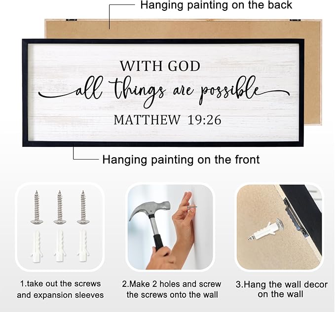 With God All Things are Possible Framed Wall Art, 40''×15'' Positive Holy Religious Rustic Bible Verse for Christian God Jesus Christ Prayer, Vintage Horizontal Inspirational Catholic Scripture Decor-Ruum Studio Home
