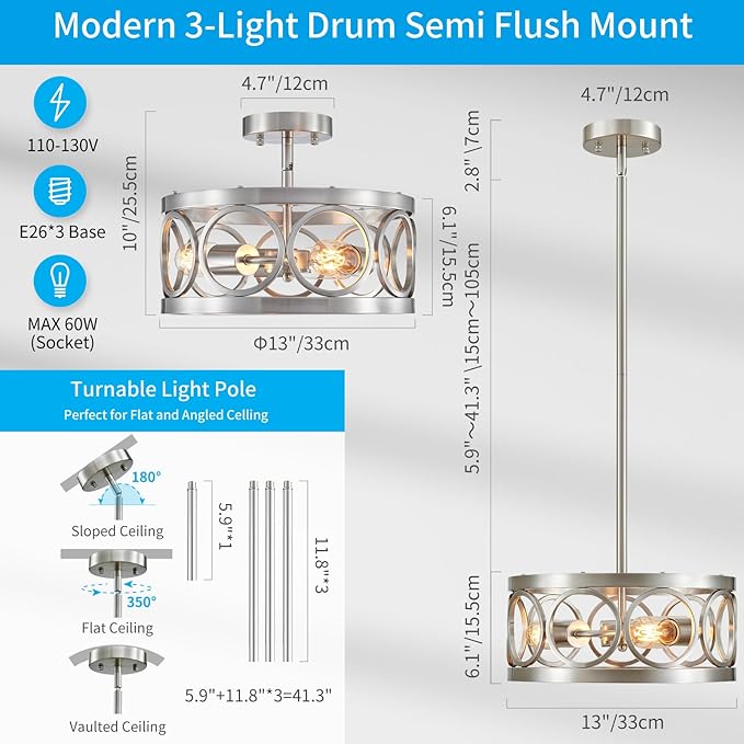 XINGQI Nickel Ceiling Light Adjustable Height Pendant Lighting Fixture 3-Light Metal Lamp 13" Rustic Round Lights for Dining Room Kitchen Bedroom Foyer Hallway-Ruum Studio Home