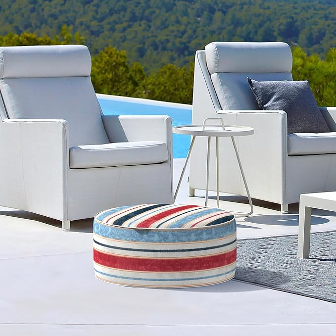 LVTXIII Inflatable Stool Ottoman Footrest with Handle, Decorative Fade-Resistant Foot Stool, Indoor or Outdoor Pouf for Home Garden and Camping Use, D21 x W 21 x H9, Stripe Red Blue-Ruum Studio Home