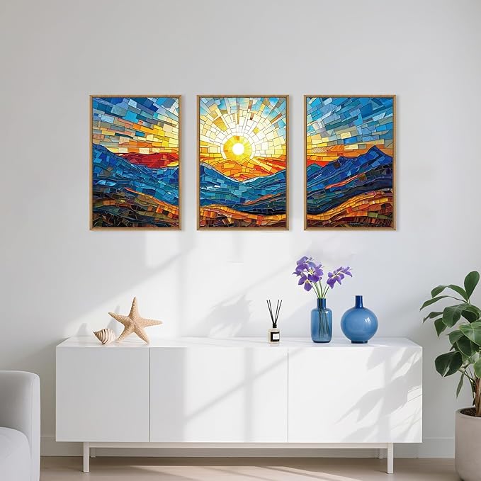 Mountains Framed Canvas Wall Art Set, Modern Abstract Art Painting, Irregular Square Ridge Wall Decor, Sunrise Art Print for Living Room, Bathroom, Bedroom, Office - 16"x24"x3-Ruum Studio Home