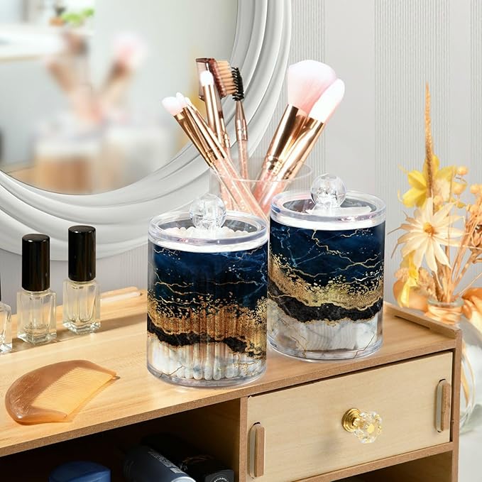 2 Pack Qtip Holder Dispenser Navy Blue Marble Bathroom Storage Canister Lid Acrylic Plastic Apothecary Jar Set Vanity Makeup Organizer for Cotton Swabs/Pads/Floss-Ruum Studio Home