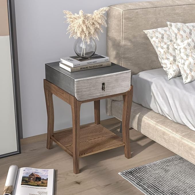 COSIEST Rustic Nightstand, 2-Tier Farmhouse Bedside Table, Wood Accent End Table with Storage Drawer and Open Display Shelf for Bedroom Nursery Living Room (Black & Silver)-Ruum Studio Home