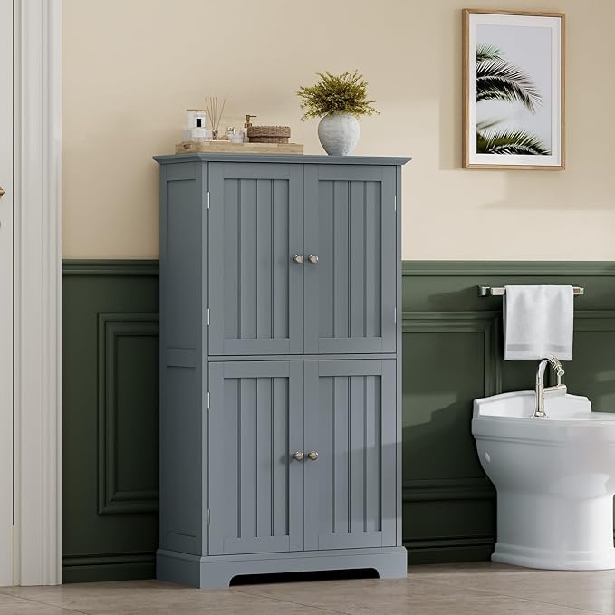ChooChoo Bathroom Floor Cabinet, Modern Bathroom Storage Cabinet with 4 Doors and Adjustable Shelves, Freestanding Cupboard for Living Room, Grey-Ruum Studio Home