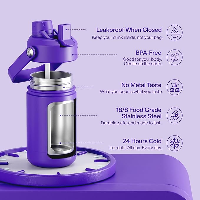 Kids Insualated Water Bottle with Straw - 12oz Stainless Steel Water Bottle with Dual Spouts, Leak-Proof, BPA-Free, Double Wall Vacuum Keeps Cold for 24 Hours for Sports, Travel, School (Violet)-Ruum Studio Home
