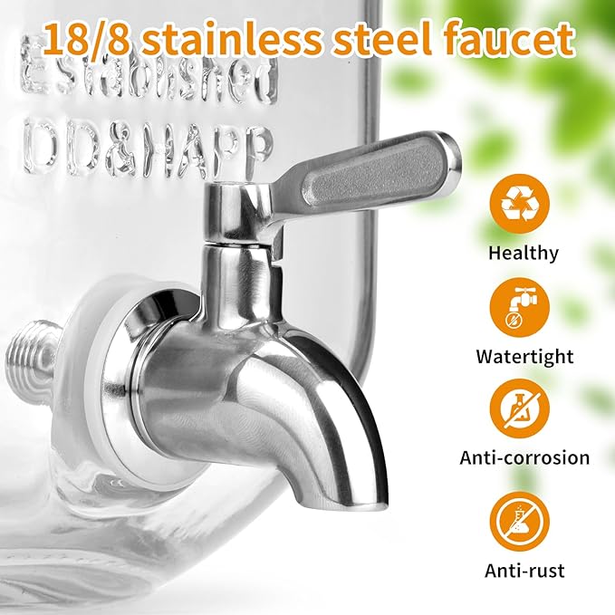 DD&HAPP Glass Beverage Dispenser With Stainless Steel Spigot,1.2 Gallon Mason Jar Drink Dispenser,Sun Tea,Lemonade & Juice Dispenser for Parties, Weddings & Events.Leak-Proof, Infuser Included.-Ruum Studio Home