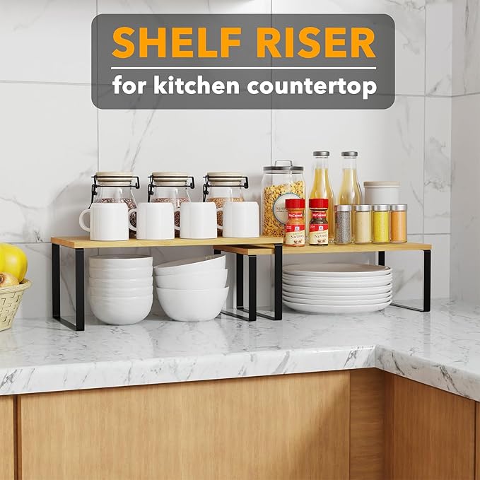 SpaceAid Cabinet Shelf Organizers 2 Pack, Kitchen Counter Rack Shelves Riser, Stackable Expandable Spice Rack, Pantry Cupboard Storage Organization (Black and Natural, Long)-Ruum Studio Home