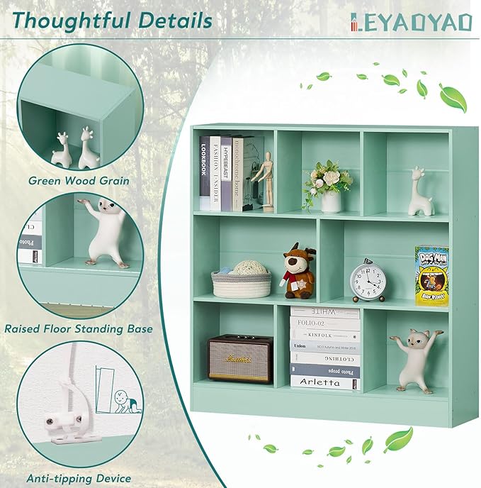 LEYAOYAO 8 Cube Bookshelf with Base,3 Tier Modern Mint-Green Kids Bookcase,Standing Wide Bookshelves Storage Organizer Toy Shelf,Wood Display Children's Book Shelves for Bedroom,Living Room,Nursery-Ruum Studio Home