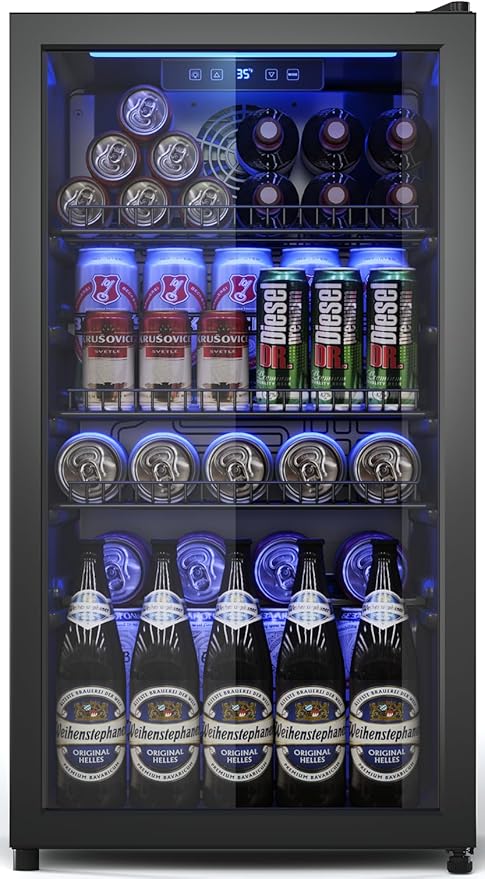 Beverage Fridge, 130 Can Mini Fridge With Glass Door, Beverage Cooler Refrigerator, Wine Drink Beer Cooler, Adjustable Shelves & Digital Temperature Display-Ruum Studio Home