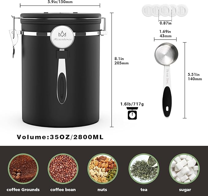 35OZ Coffee Canister for ground coffee with Date Tracker,One Way Co2 Valve 304 Stainless Steel Kitchen Food Airtight storage container for Coffee Beans or Grounds, Sugar Black-Ruum Studio Home