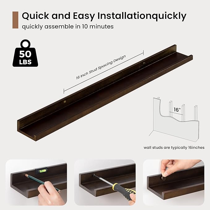 Picture Ledge Shelf, Solid Pine Wood Floating Shelves Set of 2, 32 Inches Nursery Book Shelves for Toys Storage, Kids Bookshelf Wall Mounted for Living Room Bedroom Decor Books Photo Frames, Walnut-Ruum Studio Home