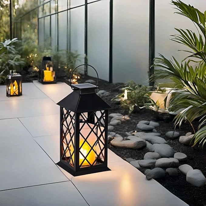 Simplelight 11 Inch Decorative Lanterns-IP44 Waterproof Outdoor Hanging Lantern, Battery Operated Decorative Lantern for Patio, Table, Fireplace with Timer, Black Color (1)-Ruum Studio Home