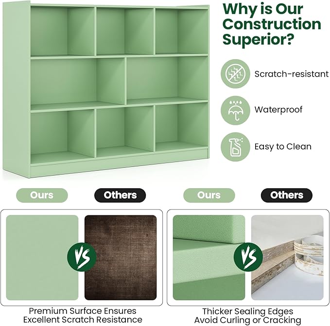 Tangkula 8-Cube Bookcase, Wood 3 Tier Open Storage Bookshelf, Modern Multipurpose Display Cabinet for Living Room, Study, Reading Nook, 48 x 12.5 x 36.5 Inch (Green)-Ruum Studio Home