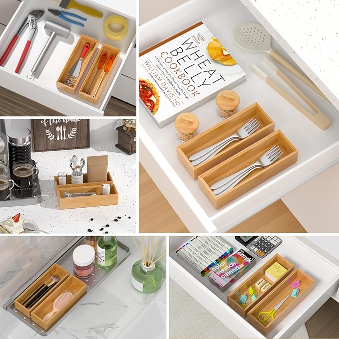 Silverware Tray for Drawer, Stackable Kitchen Bamboo Drawer Organizer 9" x 3" x 2" Set of 2-Ruum Studio Home