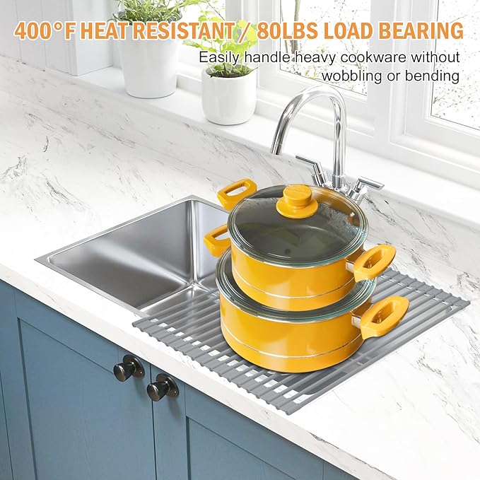 LEMIKKLE Roll Up Dish Drying Rack 17" x 13", Over The Sink Dish Drainer Rack, Foldable Sink Drying Rack, Anti-Slip Silicone Wrapped Dish Drainer for Kitchen Counter (Grey 17" x 13")-Ruum Studio Home