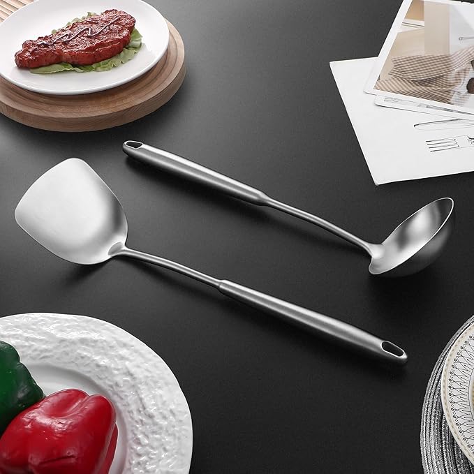 14-15" Wok Spatula and Ladle,2 PCS Wok Tools Set,304 Stainlss Steel Cooking Utensils,Matte Wok Accessories,Solid Wok Utensils-Ruum Studio Home