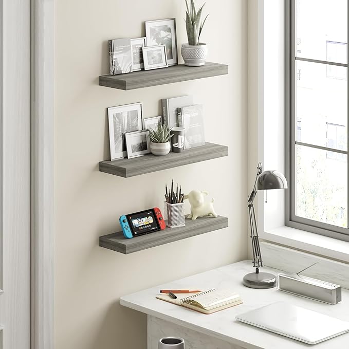 BAMEOS Floating Shelf,Wall Shelf,Decor Wall Mounted Shelves,Hanging Shelf Set of 3,L24xW6 for Bathroom Kitchen Living,Kitchen,Room Bedroom Storage,Walnut-Ruum Studio Home