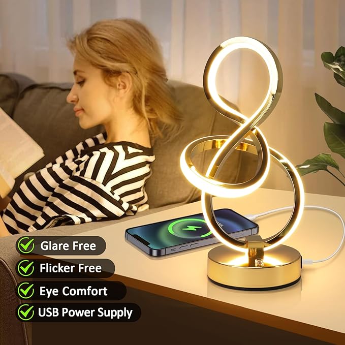 Modern Spiral Table Lamp, 7 Colors 10 Light Modes LED Nightstand Small Lamp with USB C+A Ports, Touch Dimmable Lamps for Living Room Bedroom Bedside, Unique & Cool Lamps,Gold-Ruum Studio Home