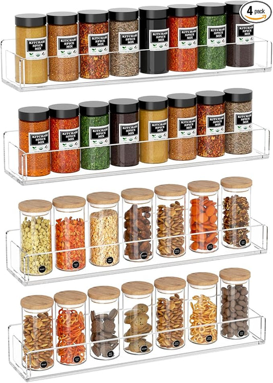 NIUBEE Wall Mounted Spice Rack Organizer,Clear Acrylic Spice Shelf Storage Holder,Hanging Seasoning Rack Organizer for Wall Kitchen 4 Pack-Ruum Studio Home