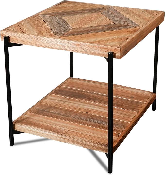 CONSDAN StoneCreek Solid Fir Wood Side Table - Metal Frame, 2-Tier End Table for Living Room/Bedroom/Office, 23" Square Night Stand, Accent Table-Ruum Studio Home