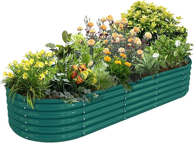 1 Pack 8x3x1.5FT Galvanized Raised Garden Bed Kit Oval Metal Ground Planter Box Outdoor Bottomless Planter Raised Beds for Vegetables Flowers Herbs Fruits, Green-Ruum Studio Home
