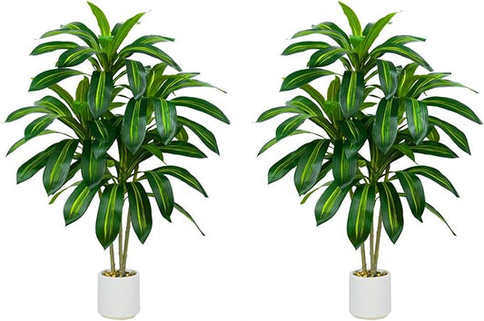 Artificial Dracaena Tree Artificial Silk Tree Faux Tree with White Tall Planter Fake Tropical Yucca Floor Plant (2, White Planter, 4 FT)-Ruum Studio Home