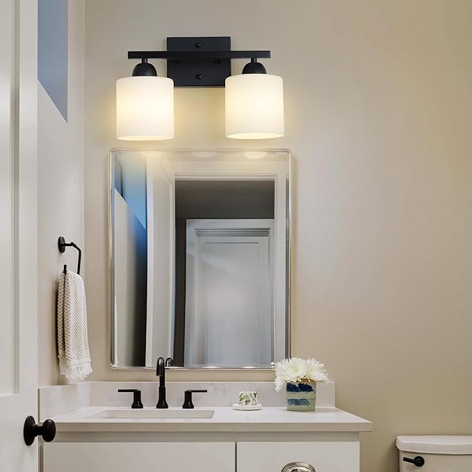 Milk Glass Vanity Lights for Bathroom, 2 Light Matte Black Bathroom Light Fixtures Over Mirror, Ceramic E26 Sockets Wall Mounted-Ruum Studio Home
