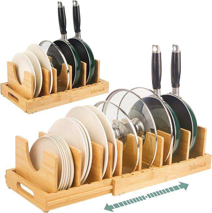 Bamboo Pot Lid Organizer, Adjustable Kitchen Organizer for Cabinet, Expandable Pot and Pan Storage Rack, Kitchen Organization for Lids, Bakeware, and Cutting Boards-Ruum Studio Home