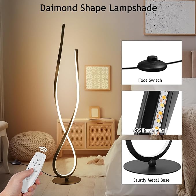 NUÜR Spiral Floor Lamp, 59" Tall Black LED Modern Standing Floor Lamp with Remote Control, Arched Bright Floor Lamps for Living Room Bedroom Office Home (Spiral Floor Lamp)-Ruum Studio Home