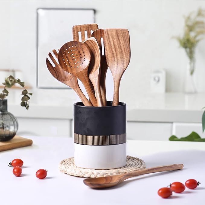 Gudamaye 13 inch Long Wooden Utensils for Cooking, Long Handle Wooden Spoons for Cooking, 7 PCES Crafting Wooden Spoon Set, Wooden Kitchen Utensil set, Natural Teak Wooden utensil Set-Ruum Studio Home