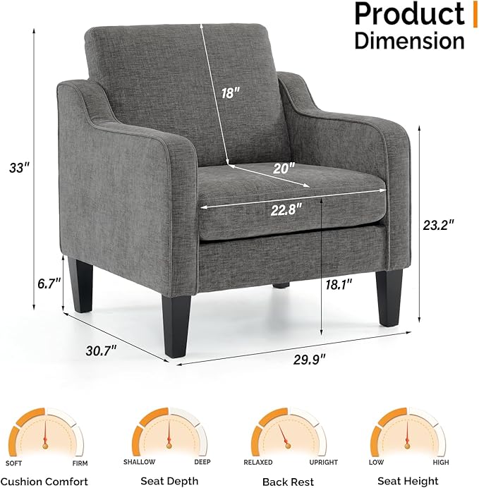 VINGLI Accent Chairs for Living Room Chairs Reading Chair Mid Century Modern Chair Soft Chenille Sofa Chair Upholstered Arm Chair Comfy Chair Side Chair (Light Grey Chenille)-Ruum Studio Home