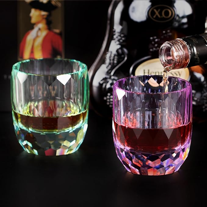 KAMMAK Crystal Whiskey Glasses Set of 2, 7oz Old Fashioned Glasses Stemless, Hand Blown Colored Cocktail Glasses, Engagement Gifts for Couples, Women, Men-Ruum Studio Home