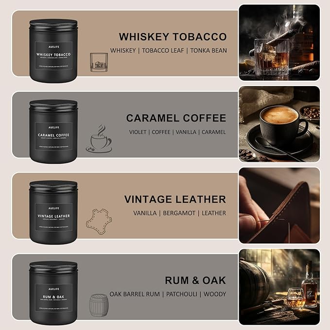 Scented Candles Set | Gifts for Men - 4Pack Candle Masculine Candle, Soy Candles for Home Scented, Aromatherapy Gifts Scents of Caramel Coffee/Whiskey Tobacco/Rum & Oak/Vintage Leather-Ruum Studio Home