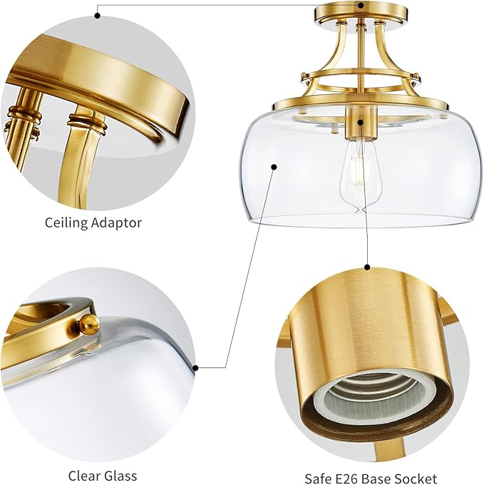 WUZUPS Chandelier Rustic Farmhouse Industrial Round Semi-flushmount Ceiling LED Light Fixture with Clear Glass Shades for Bathroom Kitchen Foyer Entryway, H 11.8" x W 13.4", E26 Base, Brushed Gold-Ruum Studio Home