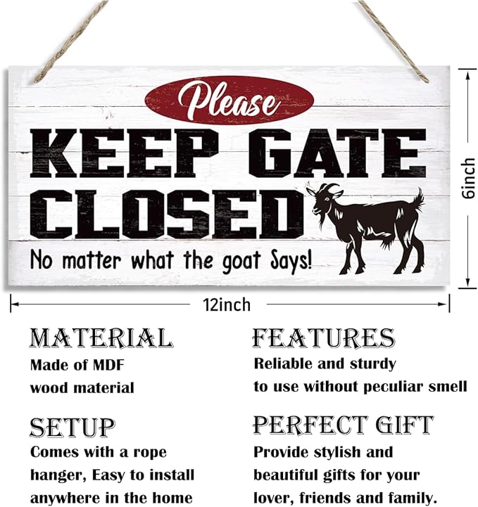 Warning Signs, Keep Gate Closed Goat Sign, Decorative Wood Hanging Wood Plaque, Warning Animal Goat Sign, Funny Novelty Caution Goat Sign for Farm Fence Decor, Farmhouse Home Decor, Gate Sign-Ruum Studio Home