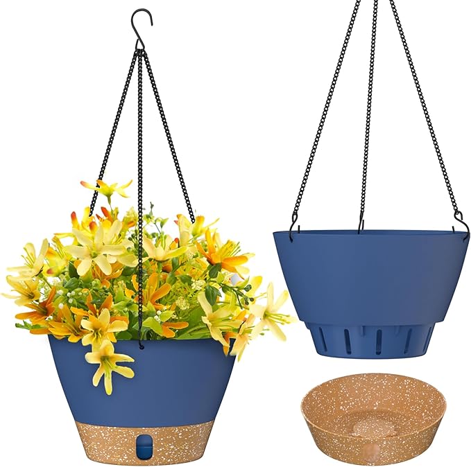 ZMTECH 2 Pack 10 Inch Hanging Planters for Outdoor Plants, Hanging Pots for Plants Indoor with Visible Water Level, Hanging Flower Basket with Drainage Holes & Removable Tray(Blue)-Ruum Studio Home