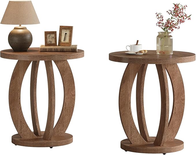 Tribesigns End Table, Round Side Table with Storage, Farmhouse Nightstand Bedside with Round Tabletop, Accent End Table for Living Room Bedroom Small Space, Wooden Accent Furniture (2, Brown)-Ruum Studio Home