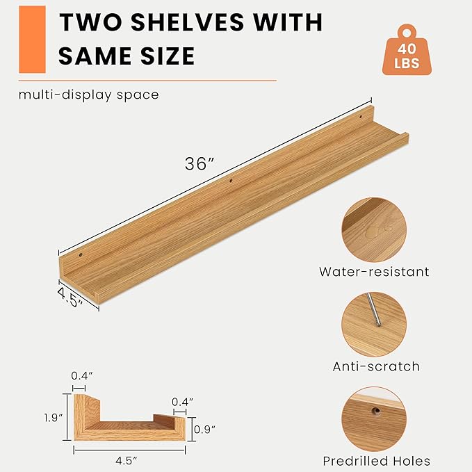 Heimlove Picture Ledge Shelf, Floating Shelves Set of 2, 36 Inches Picture Shelf for Wall with Ledge, Kids Bookshelf Wall Mounted for Living Room Bedroom Decor Books Photo Frames - Natural Oak-Ruum Studio Home