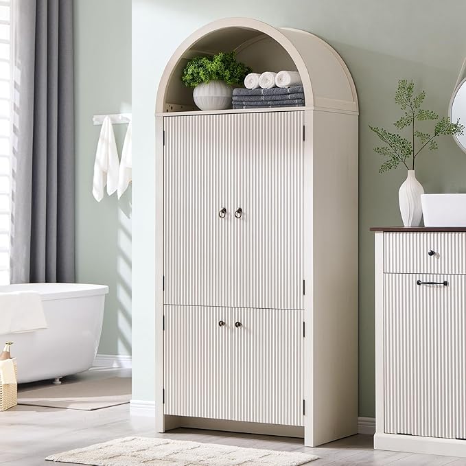 71" Tall Arched Bathroom Storage Cabinet, Modern Fluted Storage Cabinet w/Doors, 3 Adjustable Shelves, 6 Door Shelves, Wood Freestanding Cabinet for Bathroom, Entryway, Hallway, Antique White-Ruum Studio Home