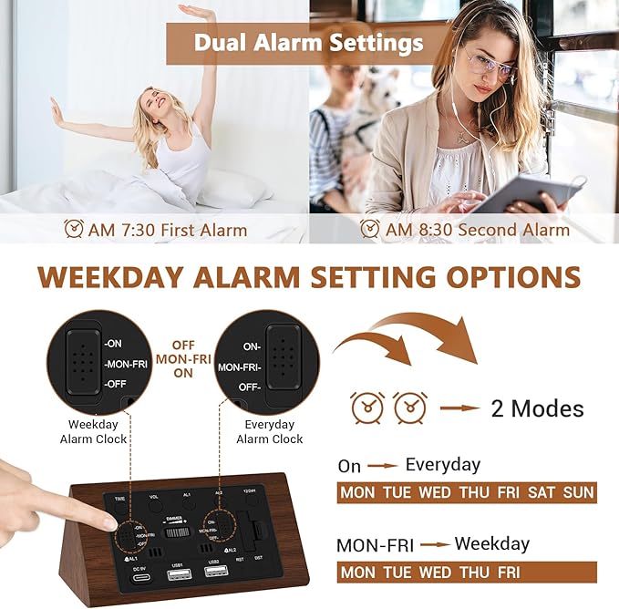 Kogonee Wooden Digital Alarm Clock, 0-100% Dimmer, 2 Alarm Settings, Weekday/Everyday Mode, 9 Mins Snooze, 12/24H, Temperature and Date Display for Office, Travel, Bedroom Alarm Clock (Brown)-Ruum Studio Home