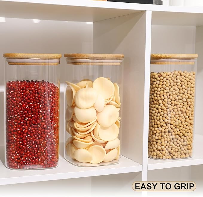 Glass Food Storage Jars with Lids(50oz)Square Set of 3 ,Glass Storage Containers Clear Glass Food Canister with Bamboo Lid Airtight For Serving Tea, Coffee Beans, Flour,Cookie, Cereal,Spice and More-Ruum Studio Home